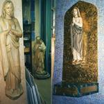 Sanctuary statue repaired and painted, installed on custom metal-leaf panel.