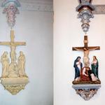 Stations of the Cross repaired and painted.  Key architectural elements highlighted with faux marble, metal leaf and solid color selection.