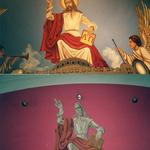 Sanctuary ceiling mural, before and after renovation.  Face of Christ was humanized, angels added, background lightened.